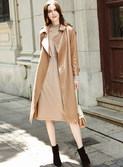 Fashion Notched Tie-waist Long Sleeve Trench Coat