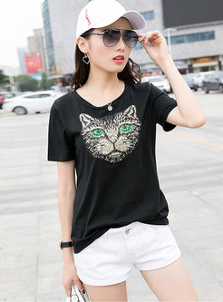 Black Sequin Cat Slim T-Shirt