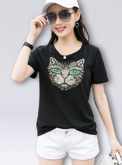 Black Sequin Cat Slim T-Shirt