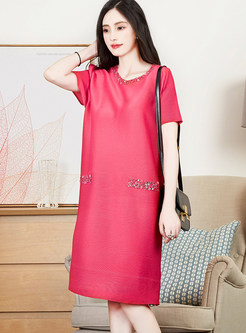 Rose Solid Color Short Sleeve Decoration Shift Dress