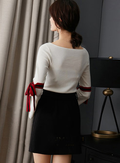Chic V-neck Flare Sleeve Slim Sweater With Bowknot