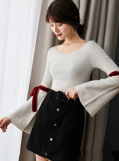 Chic V-neck Flare Sleeve Slim Sweater With Bowknot
