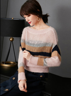 Plus Size O-neck Bat Sleeve Color-blocked Sweater