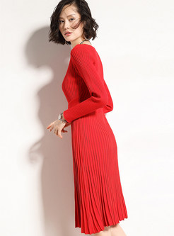 Autumn Red V-neck High Waist Knitting Dress 