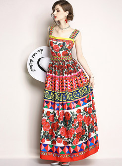 Ethnic Floral Print High Waist Slip Dress