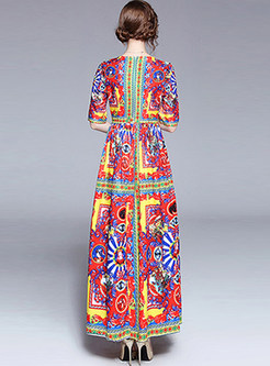 Vintage Floral Print Half Sleeve Maxi Dress