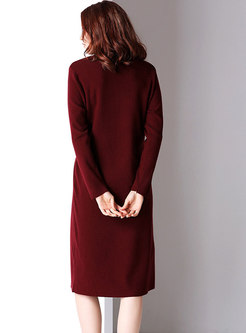 Brief Wine Red Knitted Dress With Drawstring 