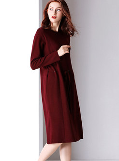Brief Wine Red Knitted Dress With Drawstring 