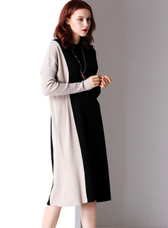 Fashion Apricot Hit Color Plus Size Bottoming Knitting Dress 