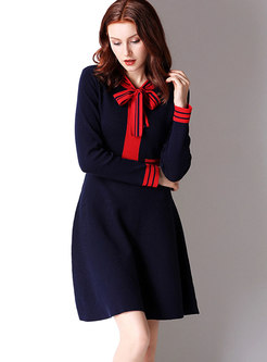 Elegant Tie-neck Bowknot High Color Knitted Dress