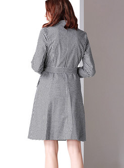 Fashion Houndstooth Plaid Tie-waist Trench Coat