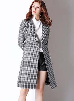 Fashion Houndstooth Plaid Tie-waist Trench Coat