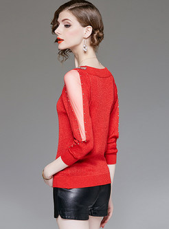 O-neck Beaded Perspective Mesh Bottoming Sweater
