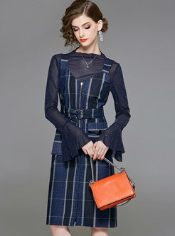 Brief Pure Color Flare Sleeve Top & Belted Strap Pockets Dress
