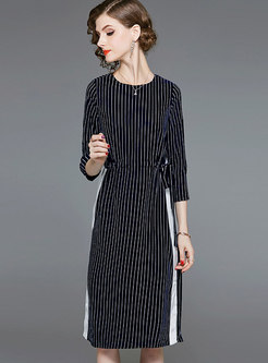 Casual Stitching Striped Tie-waist Midi Dress