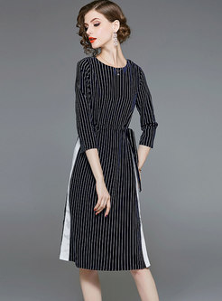 Casual Stitching Striped Tie-waist Midi Dress