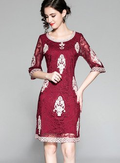 Autumn Elegant Lace-paneled Mesh Embroidery Dress