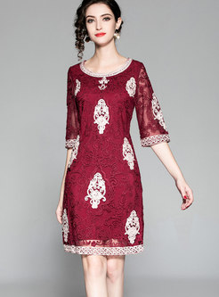Autumn Elegant Lace-paneled Mesh Embroidery Dress
