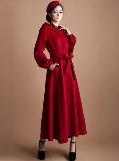 Red Hooded Slim Tie-waist Long Woolen Overcoat