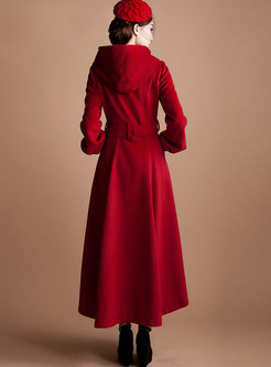 Red Hooded Slim Tie-waist Long Woolen Overcoat