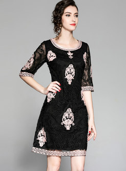Autumn Elegant Black Lace-paneled Mesh Embroidery Dress