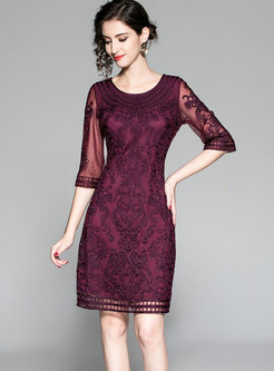 Elegant Deep Purple Gathered Waist Lace Patchwork Bodycon Dress