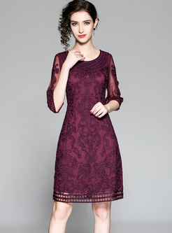 Elegant Deep Purple Gathered Waist Lace Patchwork Bodycon Dress