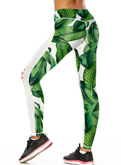 Leaf Print Hollow Out Elastic Yoga Pants
