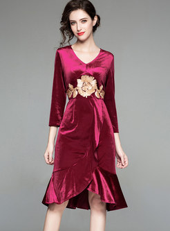 Red Velvet Mermaid Gathered Waist Irregular Dress