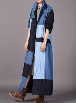 Chic Color-blocked Denim Turn Down Collar Long Trench Coat