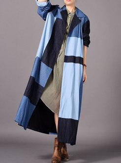 Chic Color-blocked Denim Turn Down Collar Long Trench Coat