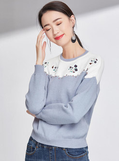 Casual Color-blocked Embroidered O-neck Loose Sweater