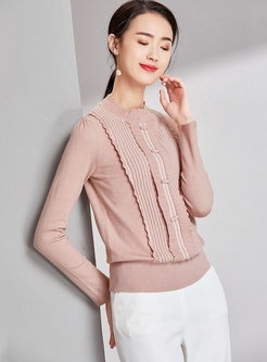 Stylish Color-blocked Stand Collar Bowknot Slim Sweater