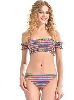 Stylish Striped Bandeau Falbala Bikini