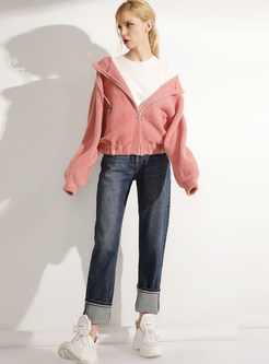 Casual Hooded Collar Tied Zippered Loose Short Coat
