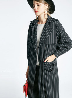 Elegant Lapel Striped Knee-length Trench Coat