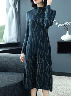 Standing Collar Long Sleeve Loose Knitted Dress