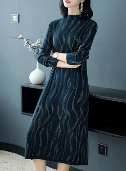 Standing Collar Long Sleeve Loose Knitted Dress
