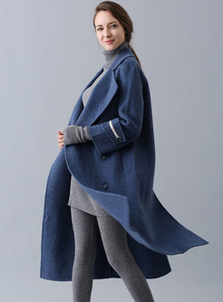 Solid Color Turn Down Collar Double-breasted Woolen Coat