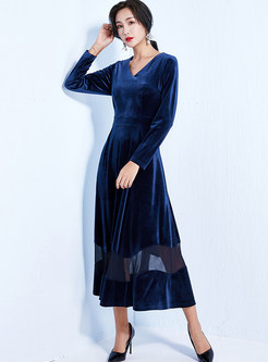 Long Sleeve Velvet Stitching Gauze Maxi Dress