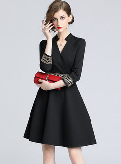 Elegant V-neck Solid Color Slim A Line Dress