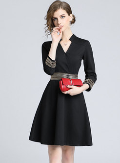 Elegant V-neck Solid Color Slim A Line Dress