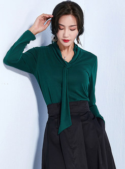 Pure Color V-neck Tied Long Sleeve Blouse