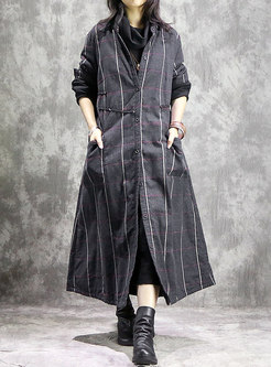 Vintage Color-blocked Stand Collar Single-breasted Long Coat