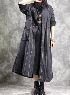 Vintage Color-blocked Stand Collar Single-breasted Long Coat