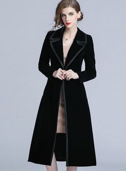Stylish Black Turn-down Collar Velvet Trench Coat