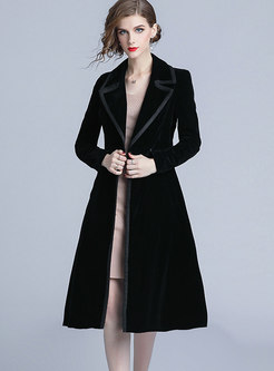 Stylish Black Turn-down Collar Velvet Trench Coat