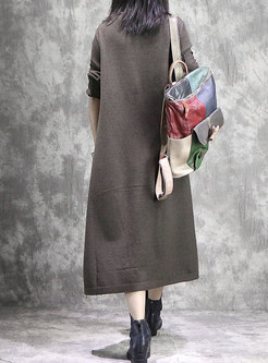 Brief Pure Color High Neck Maxi Knitted Dress