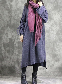 Solid Color Ruffled Sleeve Asymmetric Loose Knitted Dress