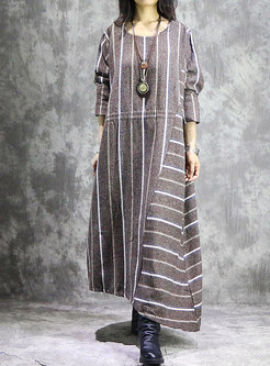 Vintage Striped Splicing O-neck Asymmetric Hem Maxi Dress